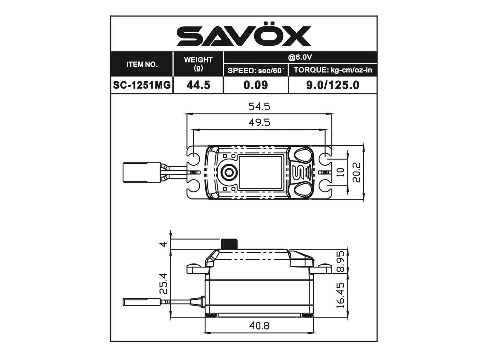 SAVÖX SC-1251MG Low Profile Size Coreless Digital Servo