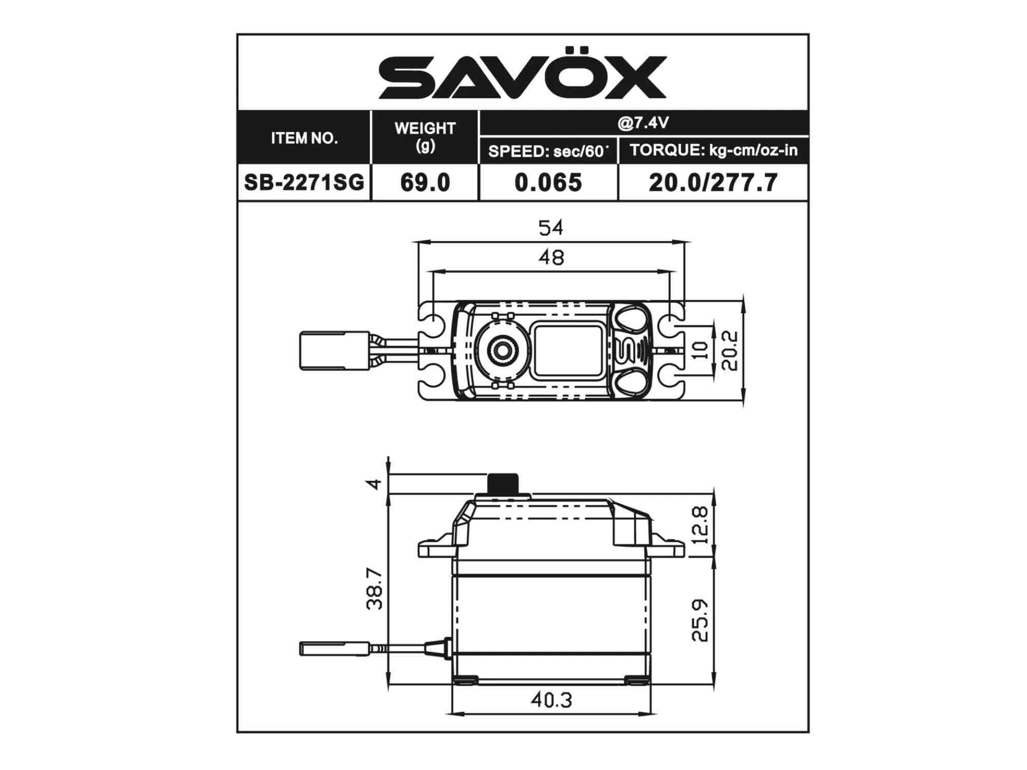 SAVÖX Digital Brushless Servo 7,4V 20kg/0,065sec