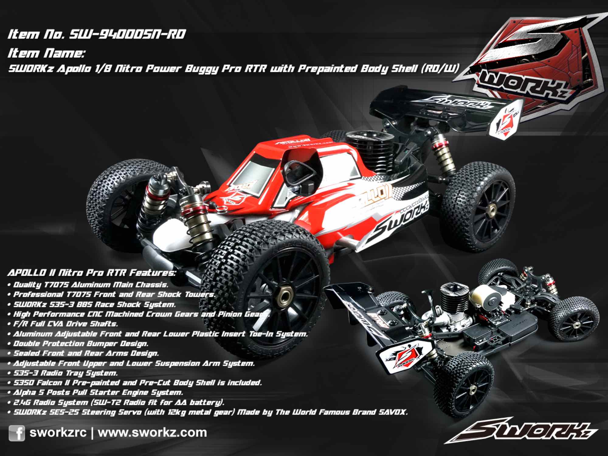 SWORKz Apollo 1/8 Nitro Power Buggy Pro RTR with Prepainted Body Shell