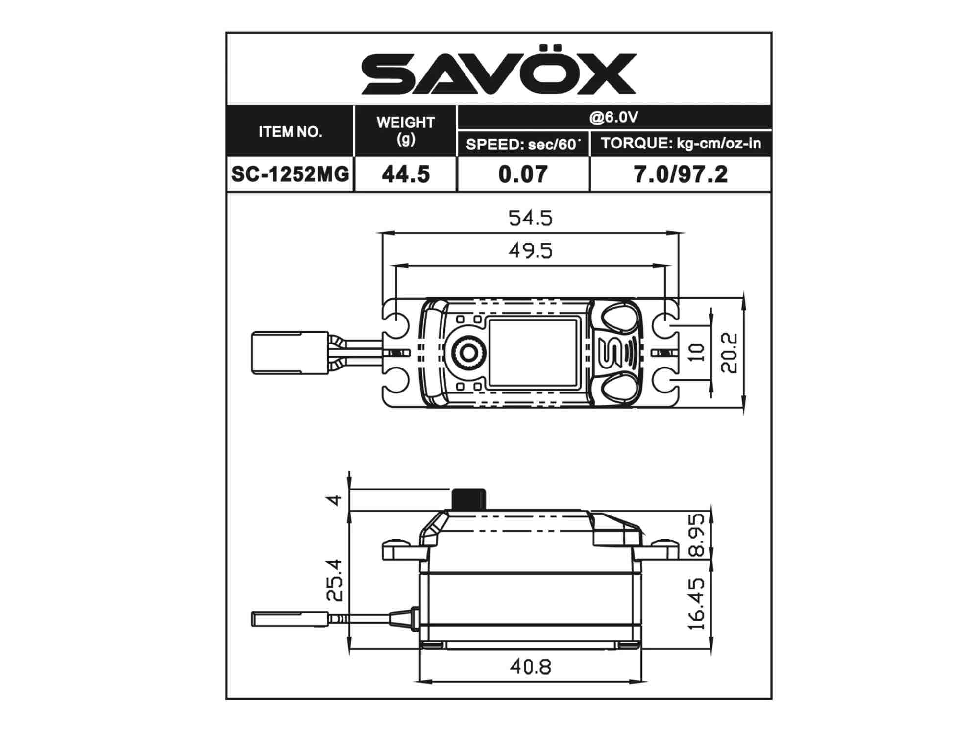 SAVÖX SC-1252MG Low Profile Coreless Digital Servo 7kg/0,07sek